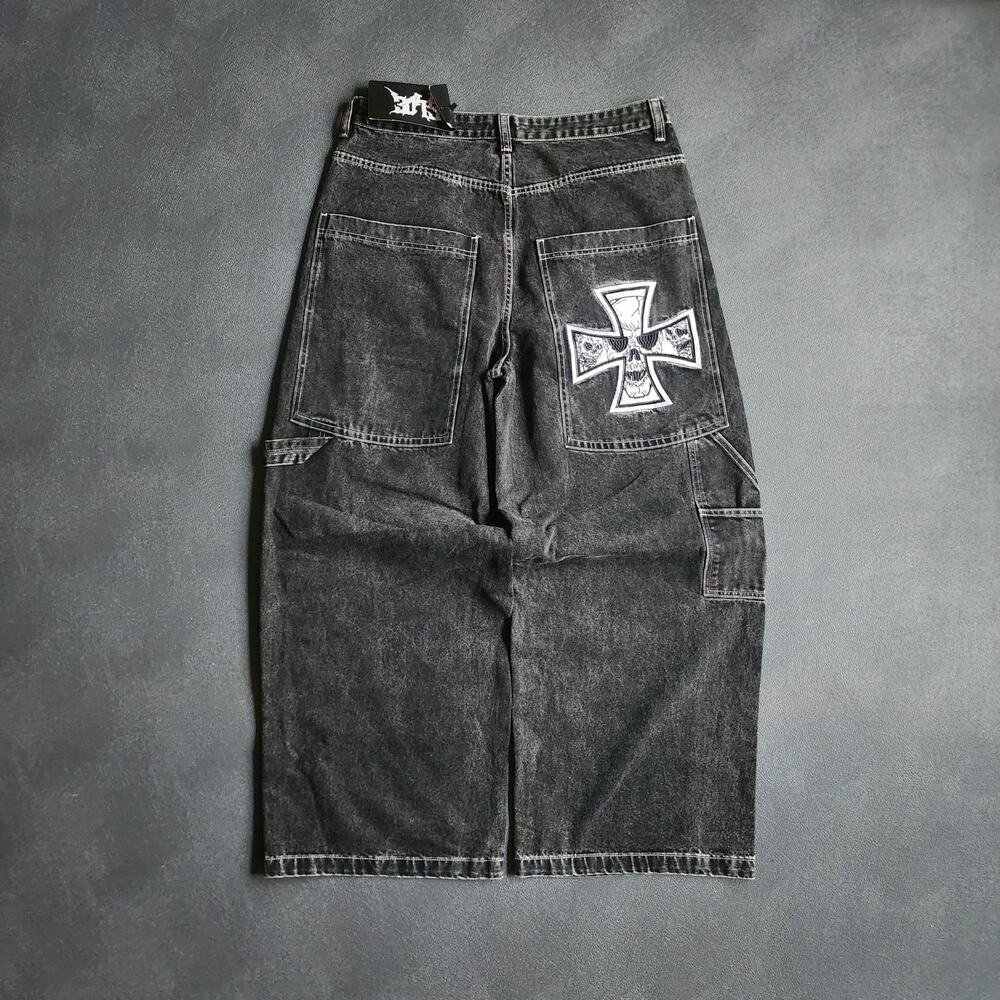 NWT GLOE Baggy Wide Leg Midwest Choppers Style Skull Black Denim Jeans XXL